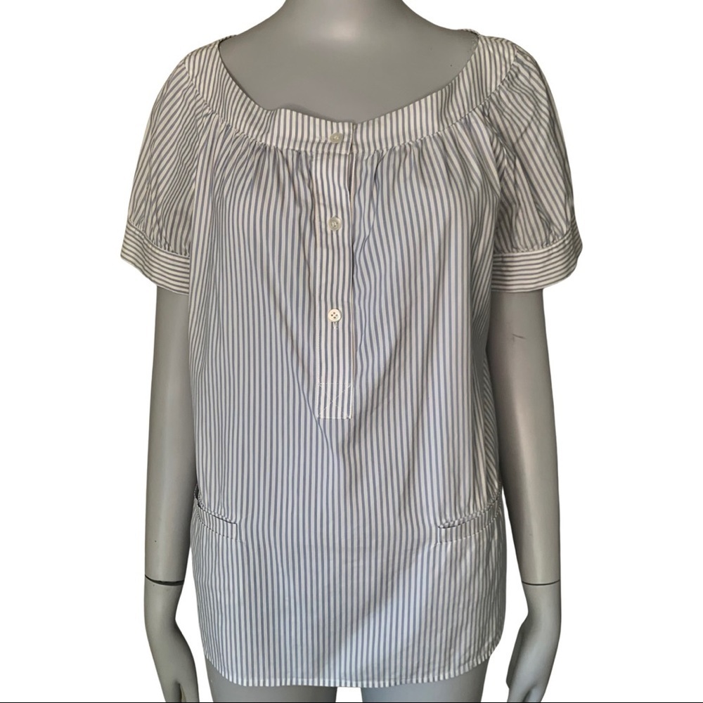 THEORY Poplin Blue & White Striped Scoop Neck Short Sleeve Blouse Size Small